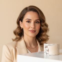Portrait of Ashley Miller, a stylish influencer in her late 20s or early 30s, smiling confidently against a clean, bright bac