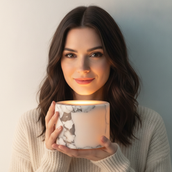 Portrait of influencer Chloe Bennett, a woman with a natural expression, holding the Marble Touch Rechargeable Bedside Lamp a