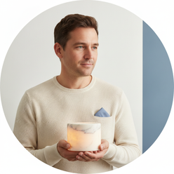 Circular portrait of Robert Hayes, a North American man, holding the Marble Touch Rechargeable Bedside Lamp against a clean w