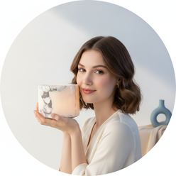 Circular portrait of Jessica Low, a young woman, holding the 'Marble Touch Rechargeable Bedside Lamp' with a soft, warm glow 